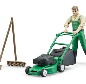 bworld gardener with lawnmower and equipment